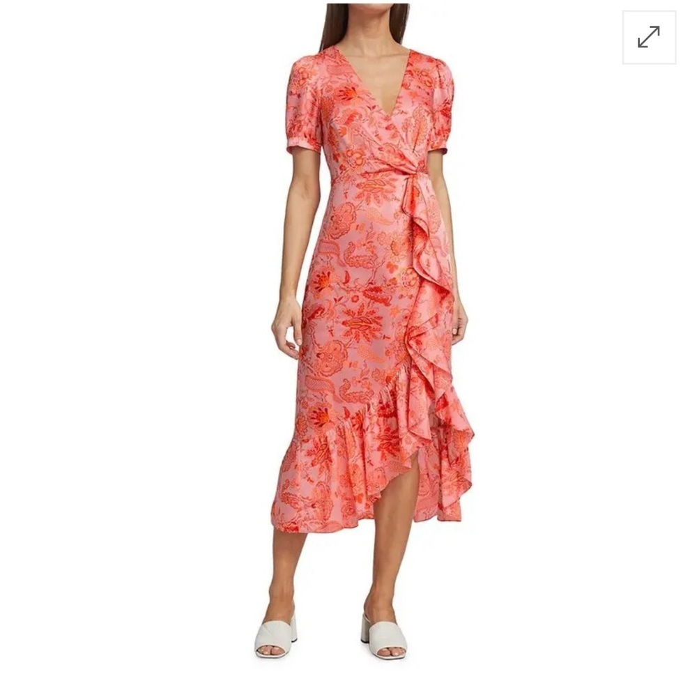 Cinq à Sept Kay Satin Faux Wrap Ruffle Midi Dress Size 8